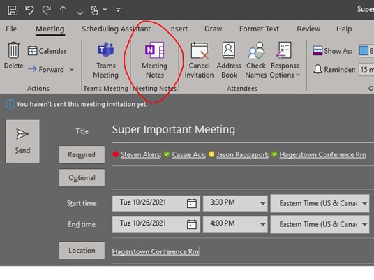 onenote meeting invite